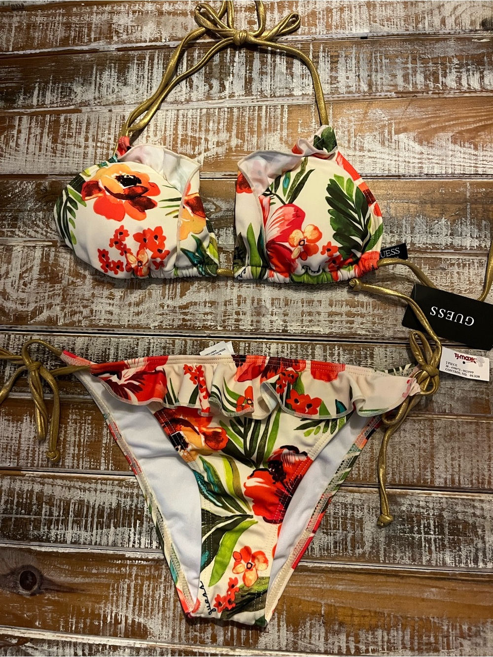 GUESS Floral Bikini Set in Cream, Red, Green with Gold Ties